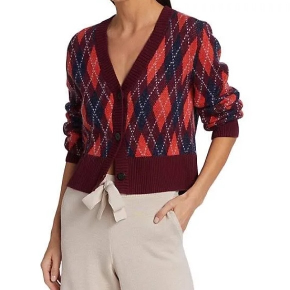 STAUD Knave Argyle V-Neck Cardigan Sweater NEW Size XL